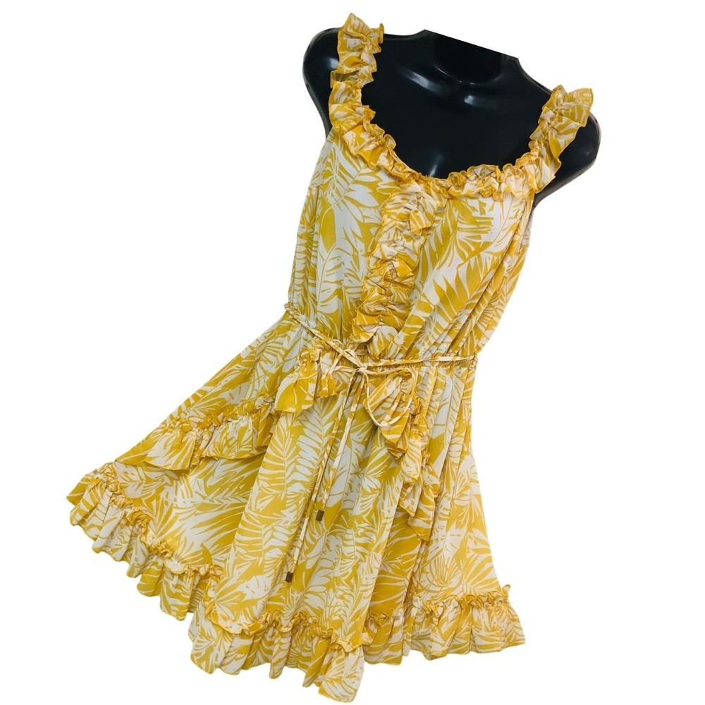 Indikah Mini Babydoll Dress Ruffle Tiered Yellow Fairy Etheral Coquette Womens M